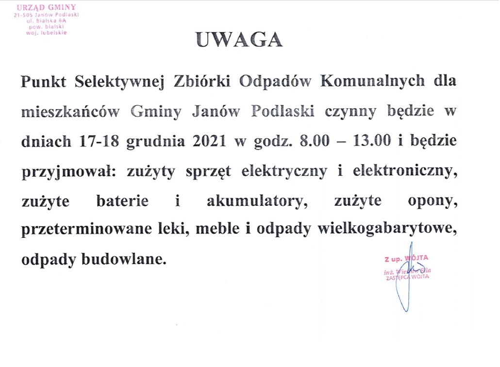 Informacja o pracy PSZOK grudzień 2021